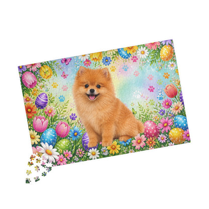 Pomeranian (Orange) Easter Puppy Puzzle - Spring Garden with Eggs, Tulips, and Daisies