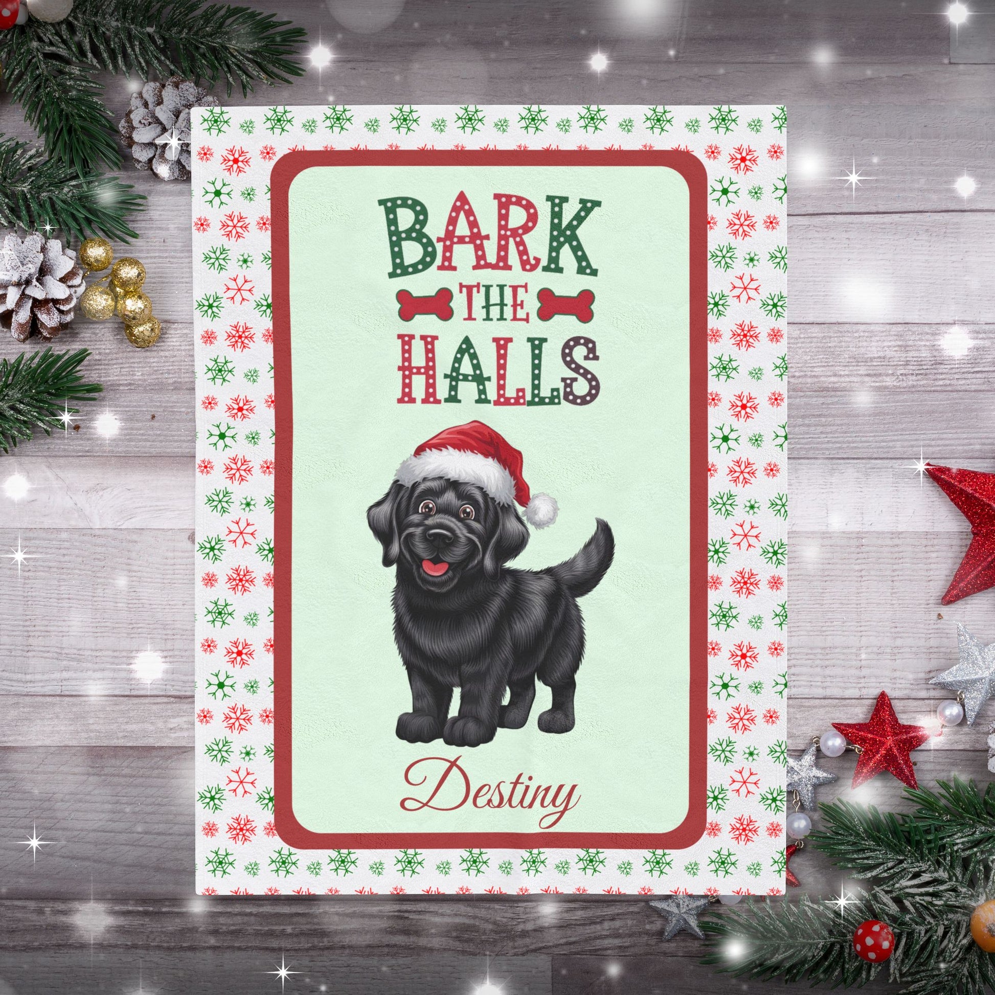 Labrador Retriever (Black) personalized velveteen blanket, cozy Bark The Halls holiday dog throw