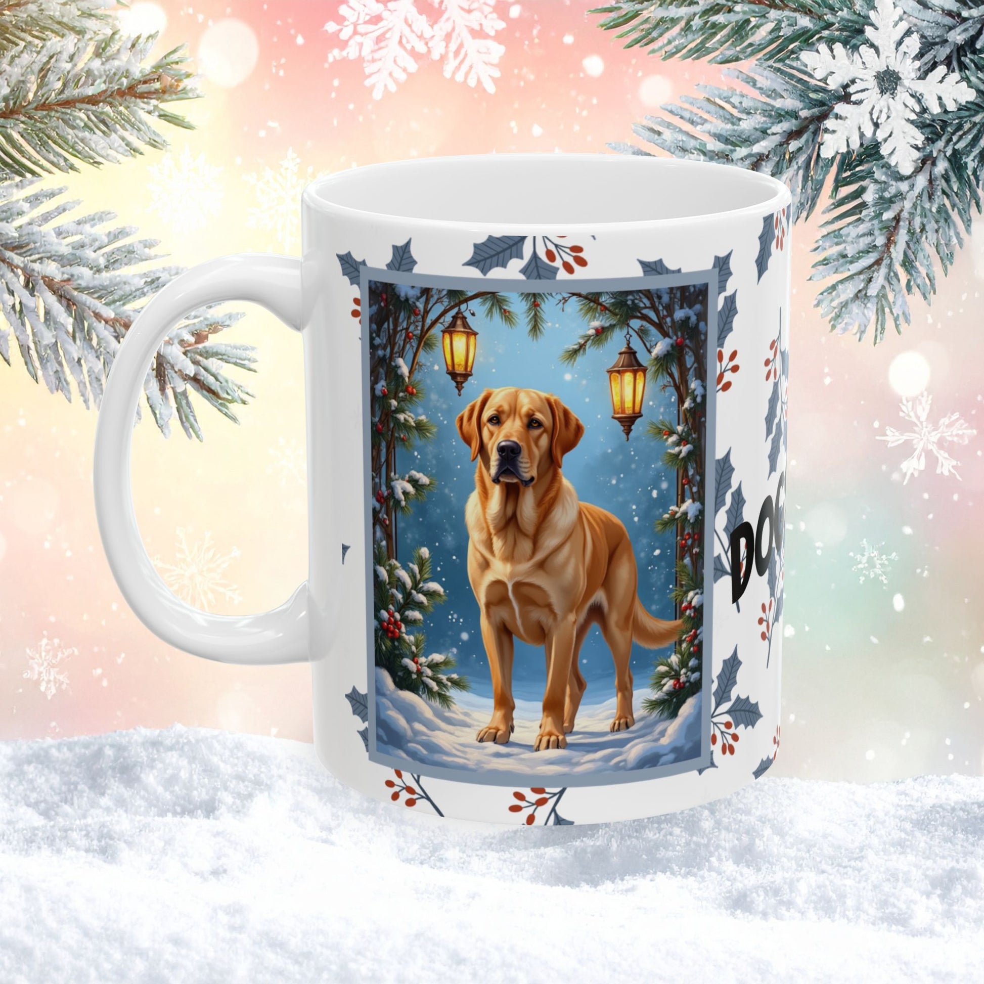 Labrador Retriever (Yellow) Winter Mug - yellow lab illustrated standing in a bright winter setting with snow