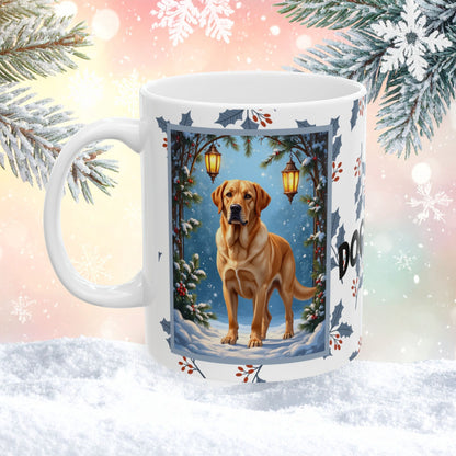 Labrador Retriever (Yellow) Winter Mug - yellow lab illustrated standing in a bright winter setting with snow