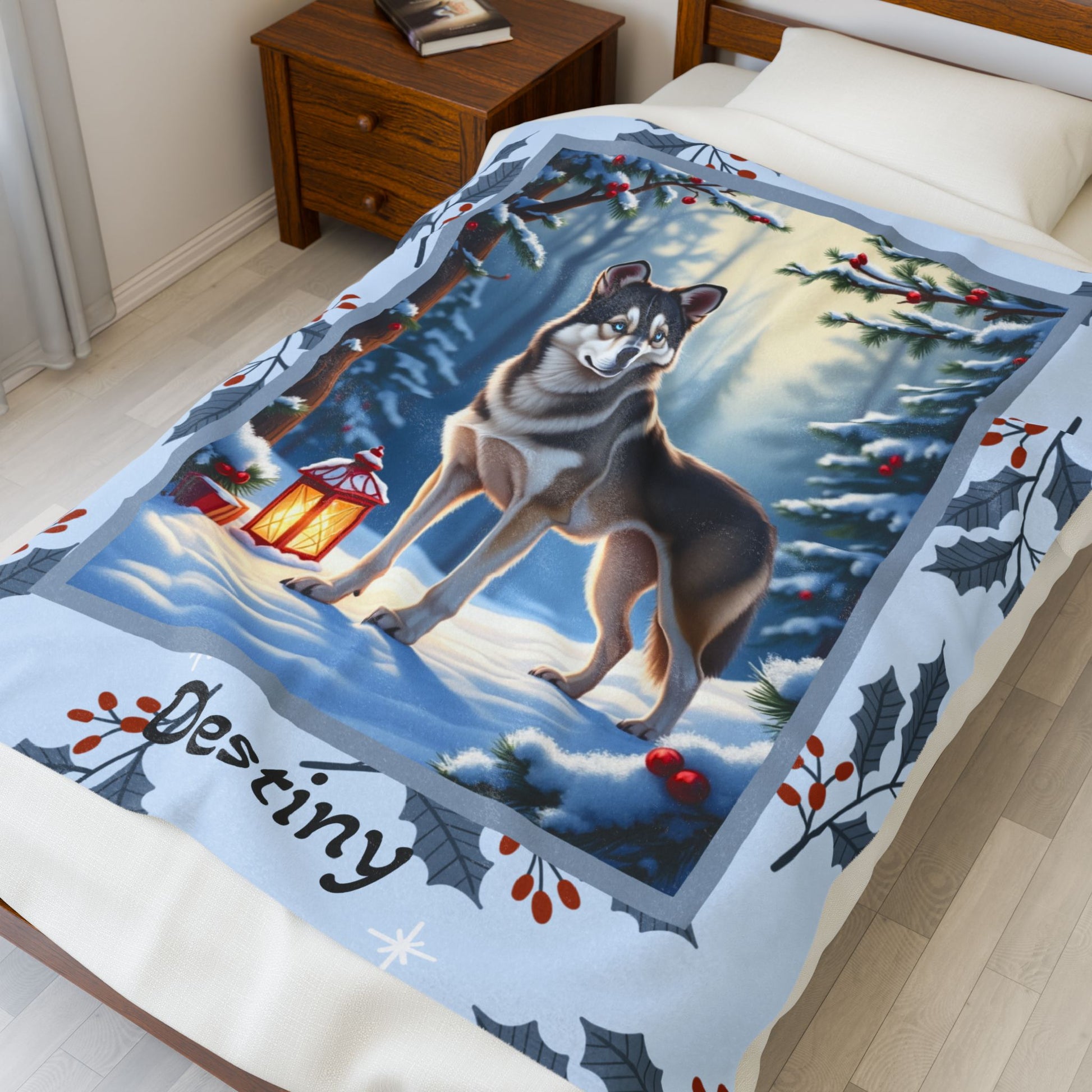 Husky Wolf Grey personalized winter throw featuring a wolf-grey Husky in a cozy illustrated lodge scene