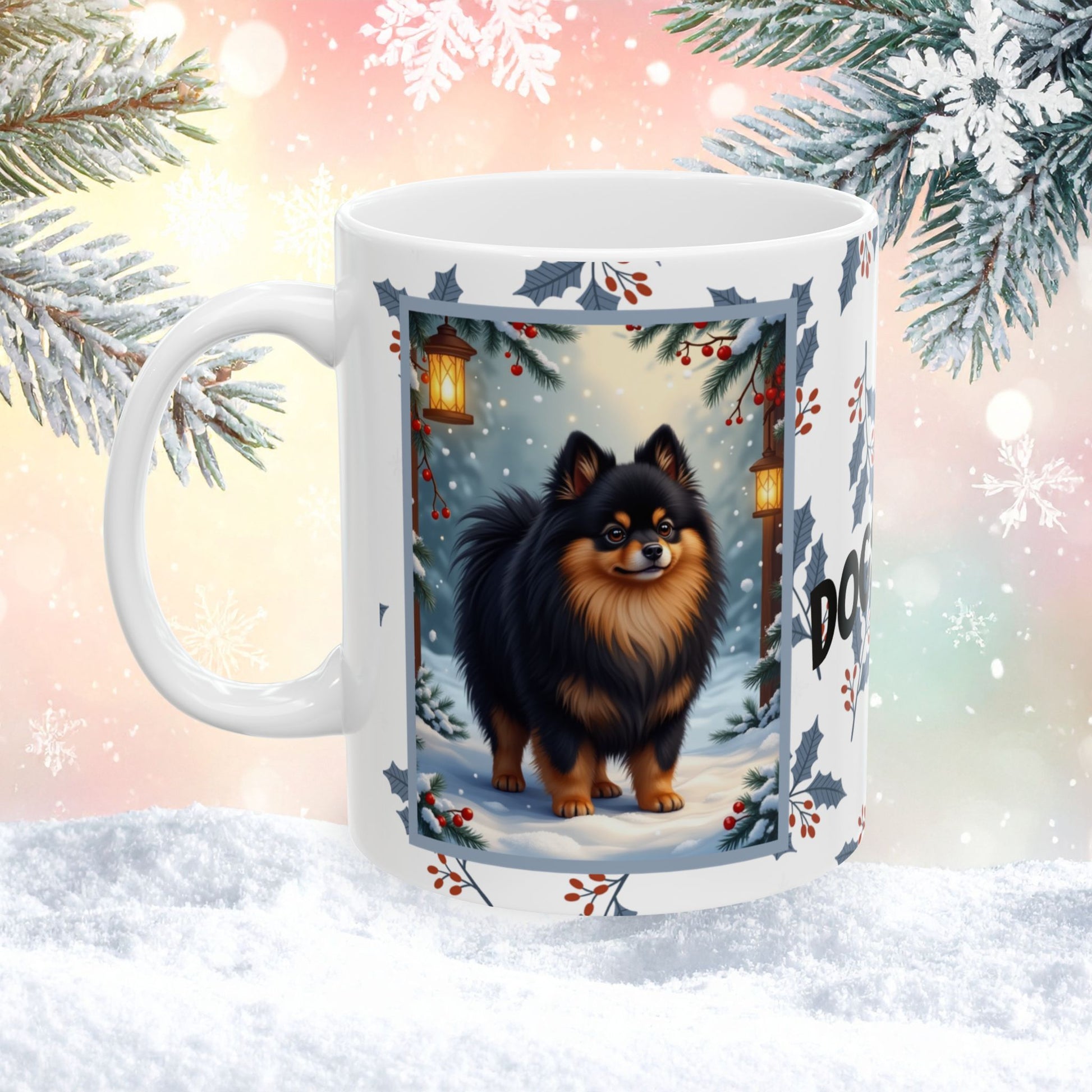 Pomeranian (Black & Tan) Winter Mug - black and tan pomeranian illustrated standing in a winter scene with snowy background