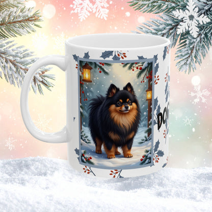 Pomeranian (Black & Tan) Winter Mug - black and tan pomeranian illustrated standing in a winter scene with snowy background