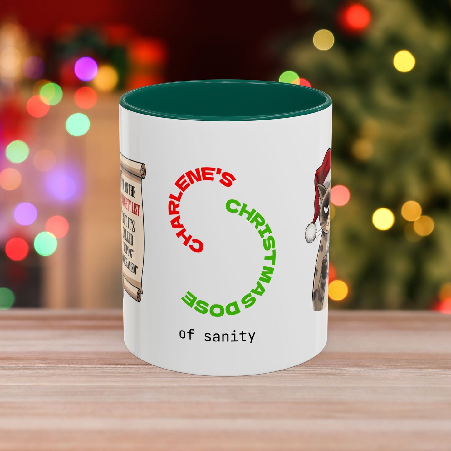 I'm On The Naughty List, But It's Called 'Coping Mechanism' - Christmas Mug with Cat Design and Accent Color