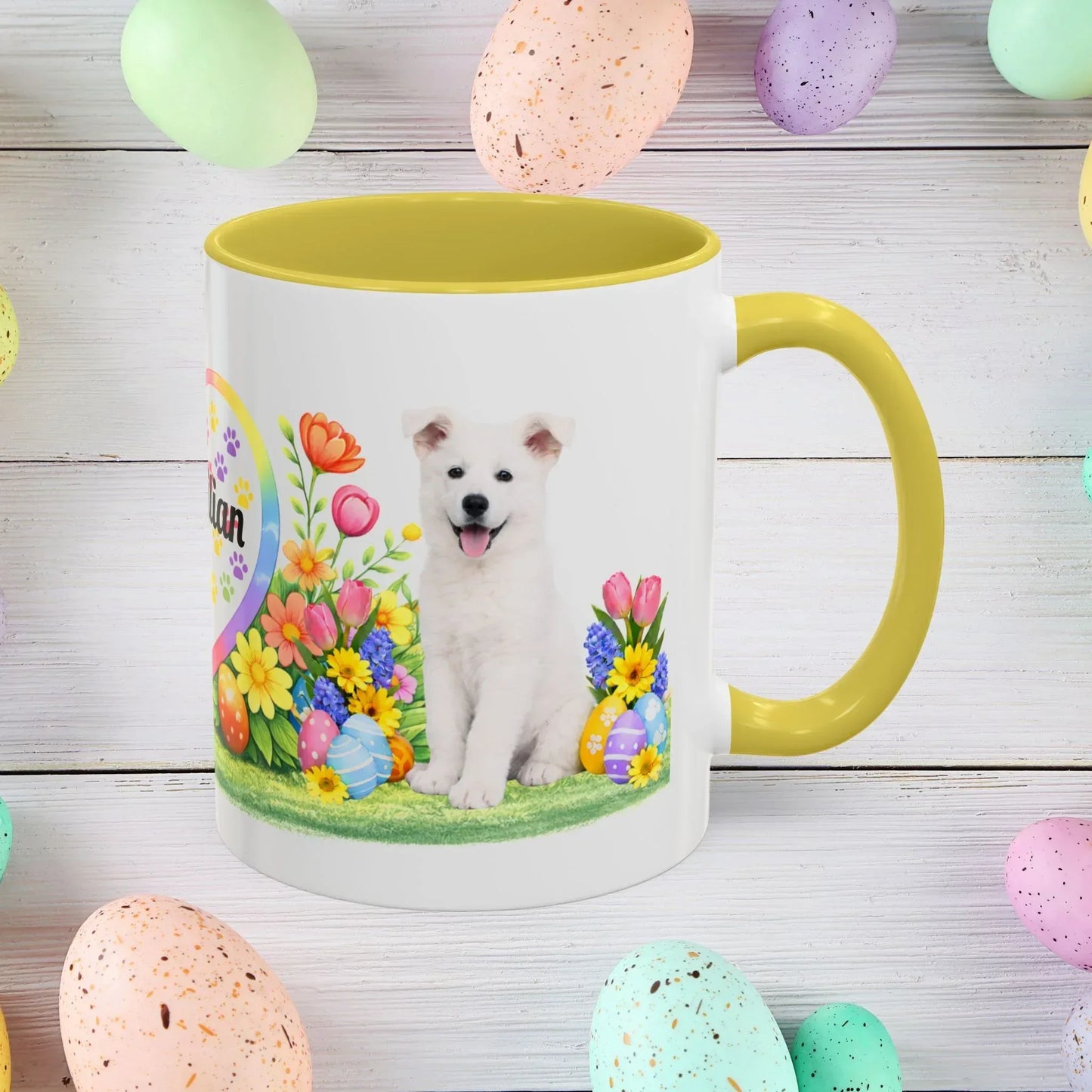 Shop our german shepherd white puppy easter mug featuring the 15oz style option from MySisterIsASurvivor.