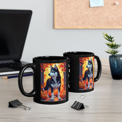 Black & White Husky (Amber Eyes) autumn mug, personalized dog owner gift for cozy fall coffee or tea