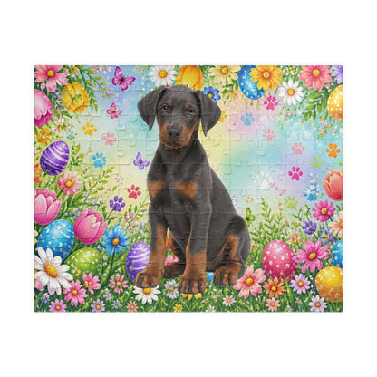 Doberman (Blue & Rust) Easter Puppy Puzzle - Spring Garden with Eggs, Tulips, and Daisies