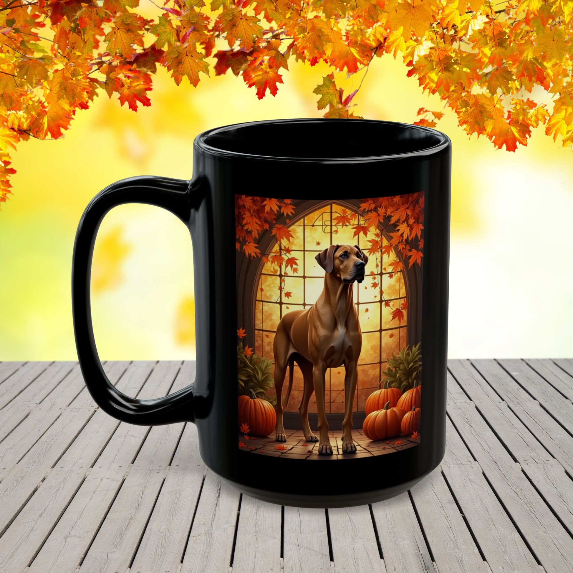Fawn Great Dane coffee mug with pumpkins and leaves, personalized fall coffee cup for dog lovers