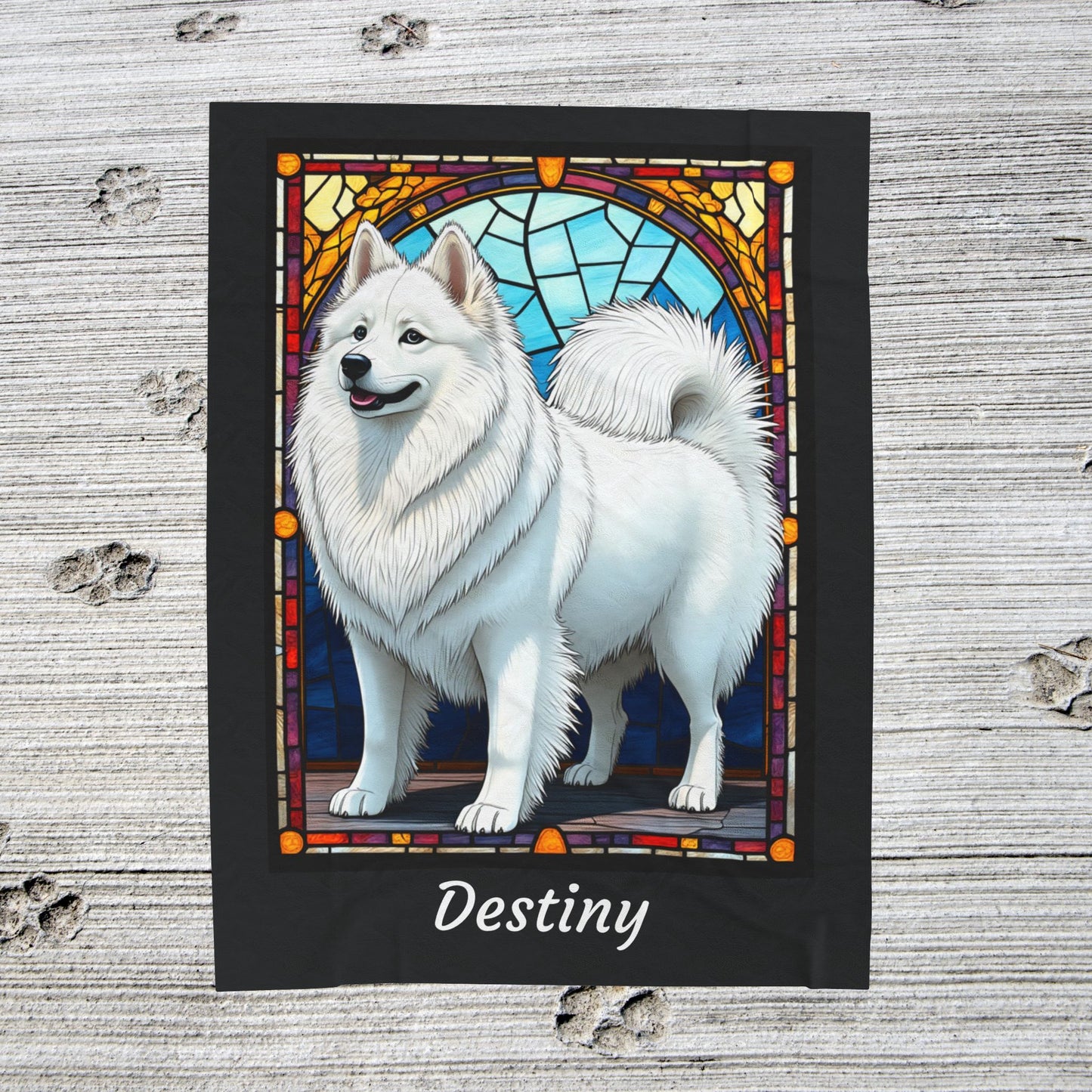 American Eskimo velveteen blanket, custom stained glass dog throw, personalized pet lover gift - MySisterIsASurvivor