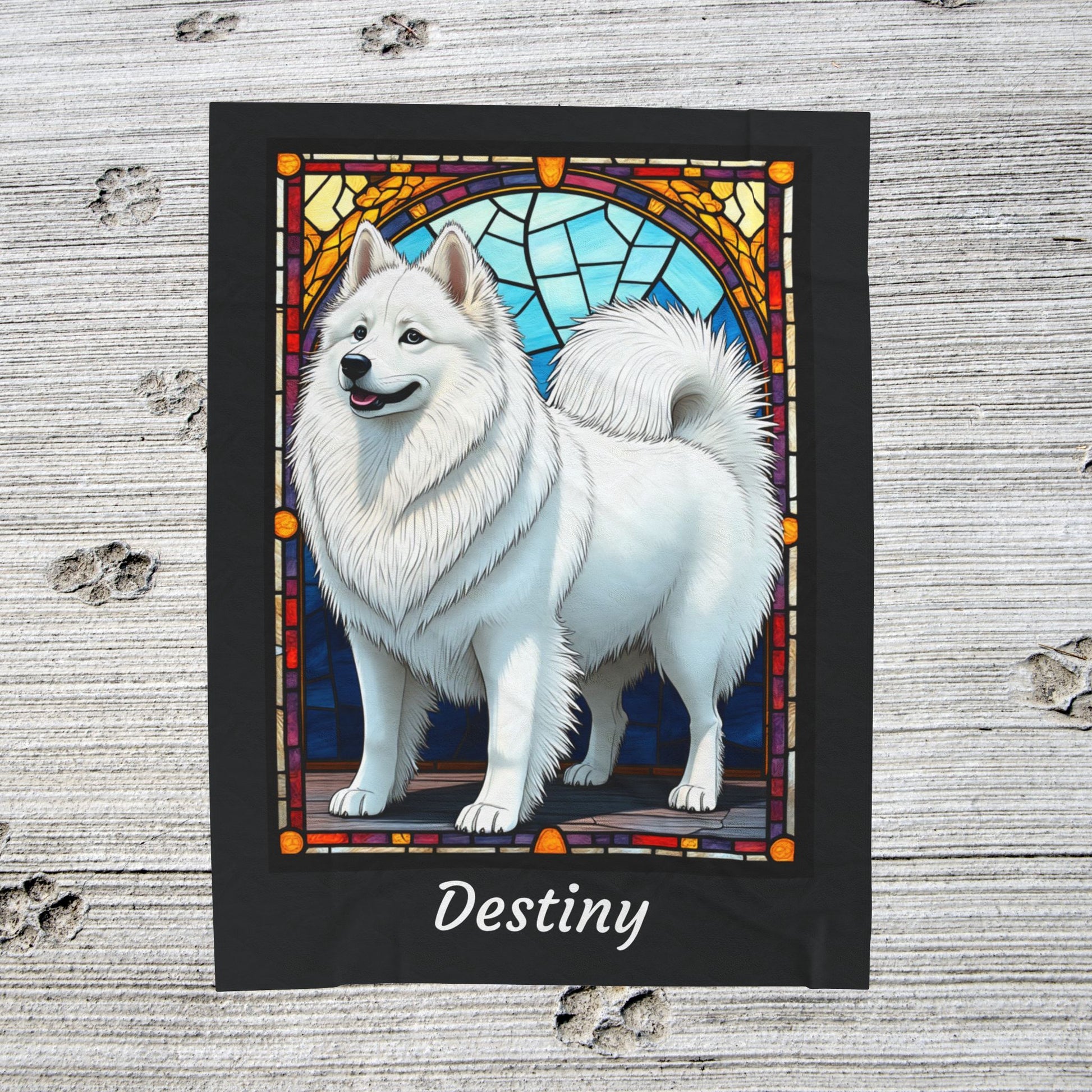 American Eskimo velveteen blanket, custom stained glass dog throw, personalized pet lover gift - MySisterIsASurvivor