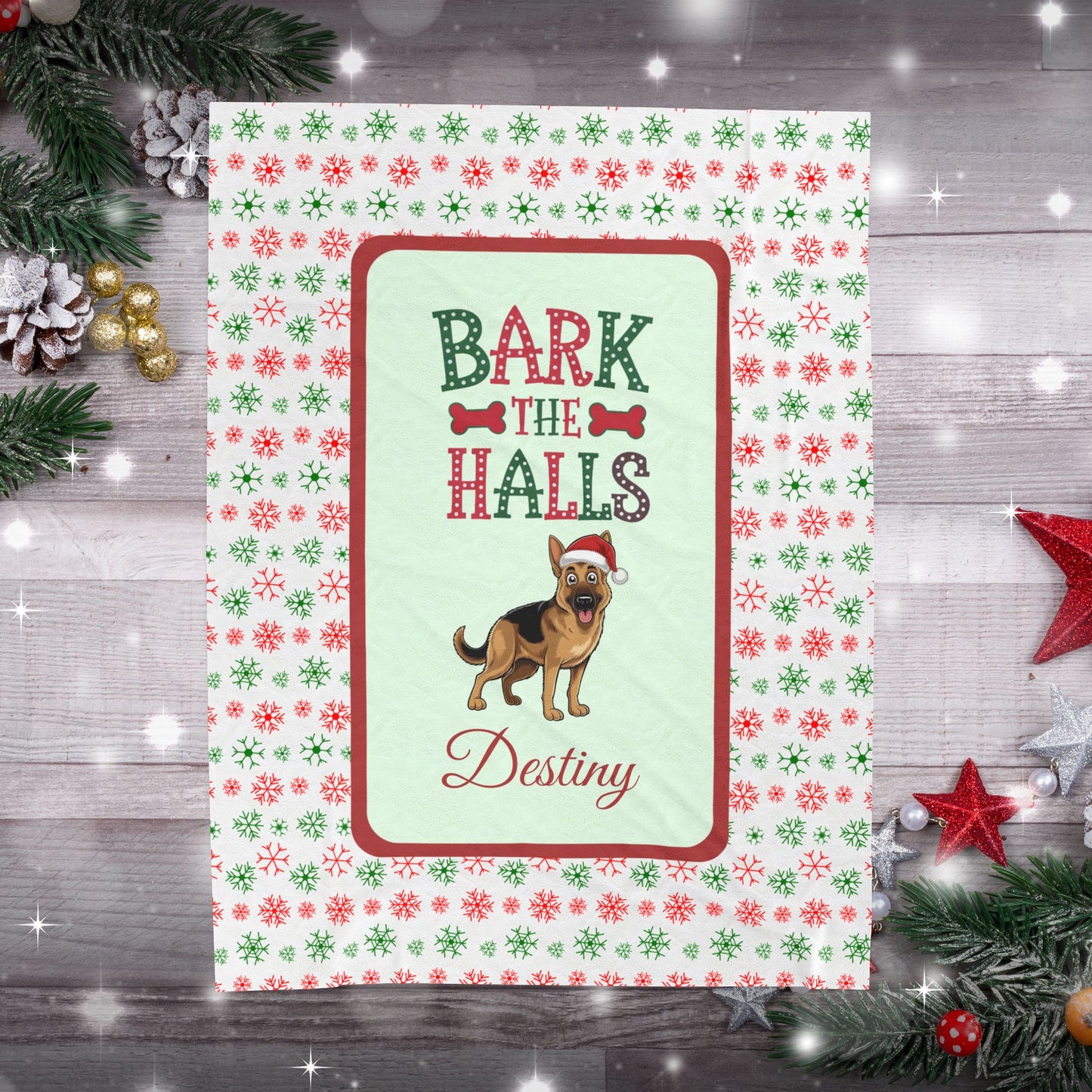 German Shepherd velveteen blanket Bark The Halls holiday gift for dog lovers and cozy Christmas throw