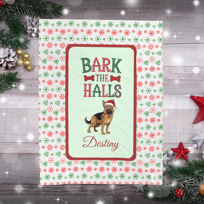 German Shepherd velveteen blanket Bark The Halls holiday gift for dog lovers and cozy Christmas throw