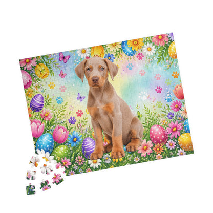 Doberman (Fawn/Isabella & Rust) Easter Puppy Puzzle - Spring Garden with Eggs, Tulips, and Daisies