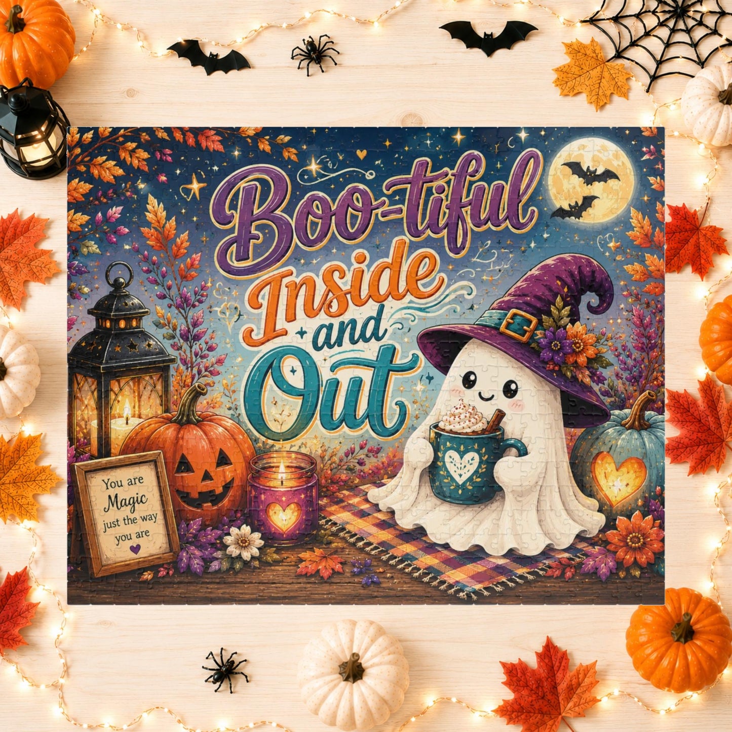 Boo-tiful Inside and Out Halloween Puzzle - Ghost with Heart Mug, Lantern, and You Are Magic Sign