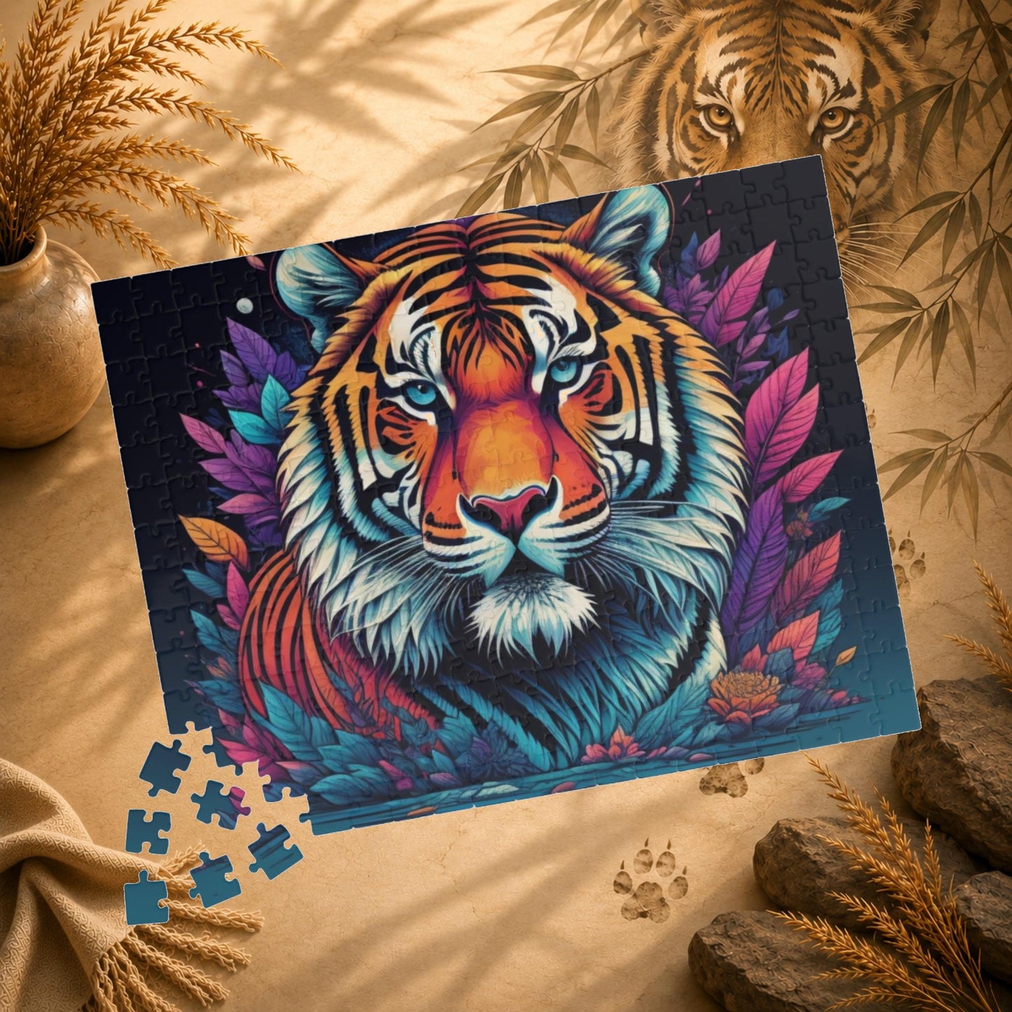 Tiger's Resolve - Jewel-Toned Tiger Puzzle with Tropical Leaves on Dark Navy Background