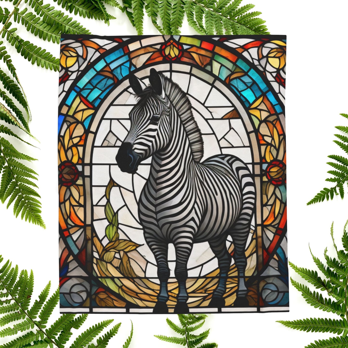 A zebra blanket with stained glass-inspired design that blends artistic style and cozy comfort.