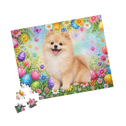 Pomeranian (Cream Sable) Easter Puppy Puzzle - Spring Garden with Eggs, Tulips, and Daisies