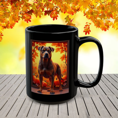 Chocolate and tan Rottweiler dog in fall leaves on a custom black mug.