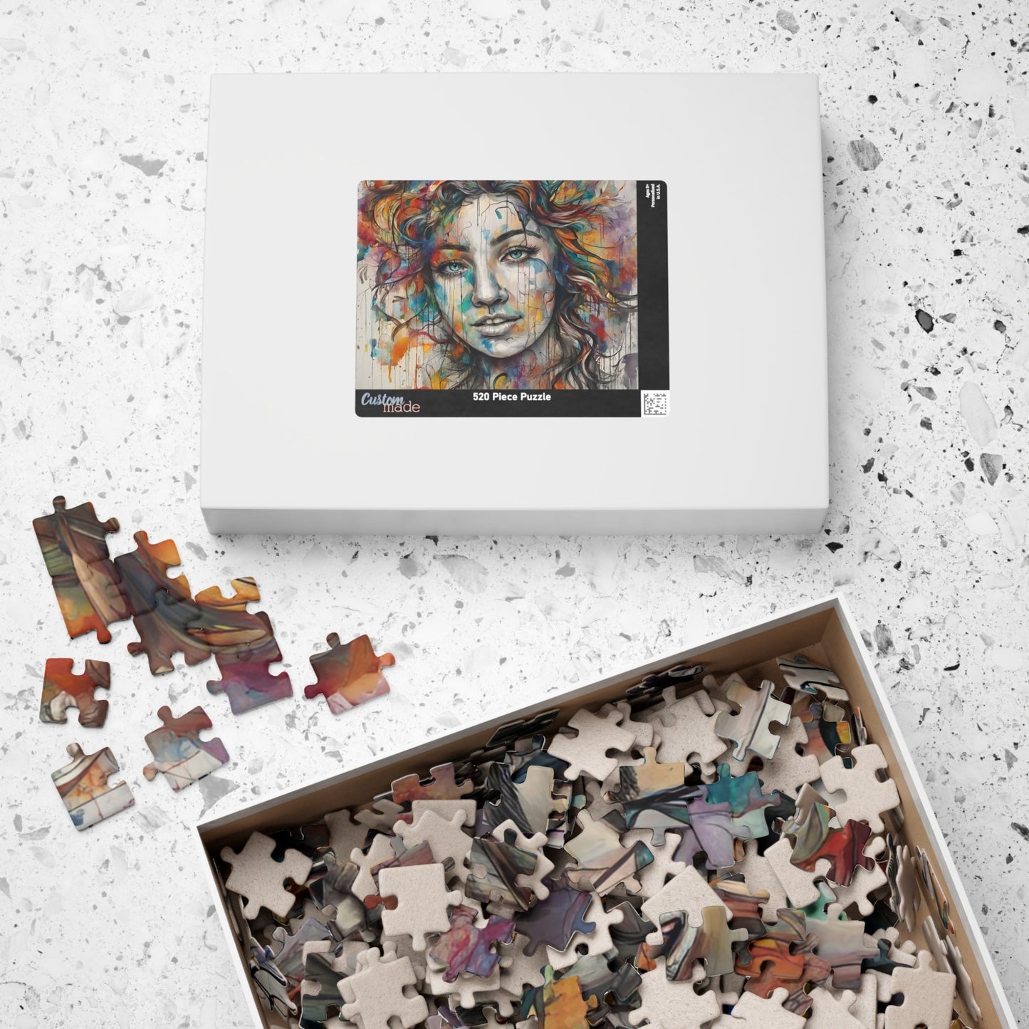Pathway to Resilience - Sketch and Watercolor Woman's Portrait Puzzle with Ink Drips and Curly Hair
