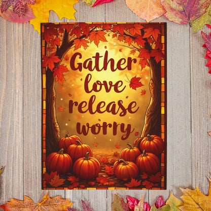 Cozy blanket with “Gather Love, Release Worry,” peaceful fall-themed design promoting calm and gratitude.