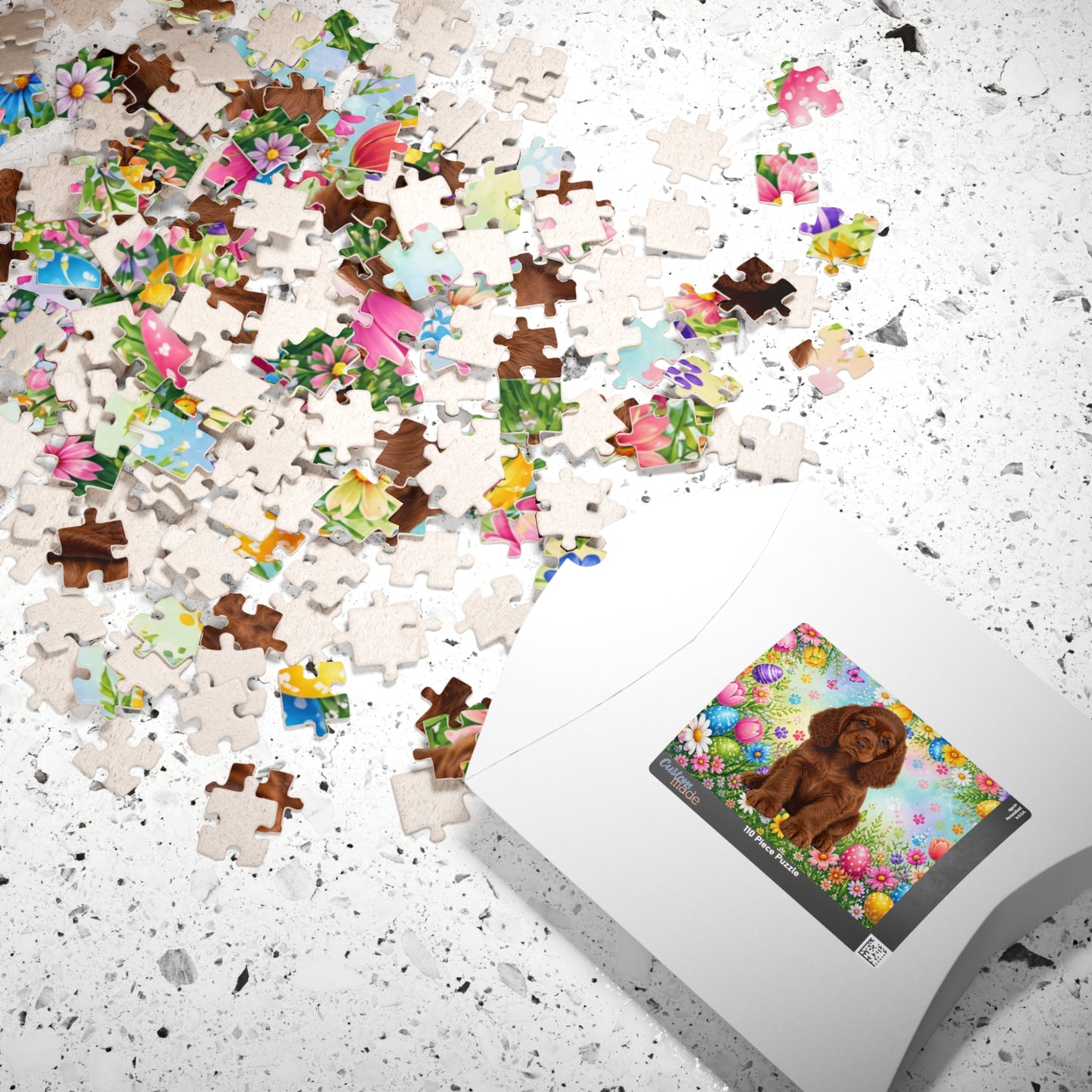 American Cocker Spaniel (Liver) Easter Puppy Puzzle - Spring Garden with Eggs, Tulips, and Daisies