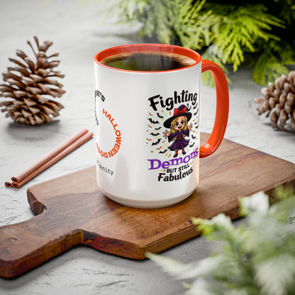 Fighting Demons But Still Fabulous - Personalized Halloween Mug for Anxiety Warriors & Witch Lovers