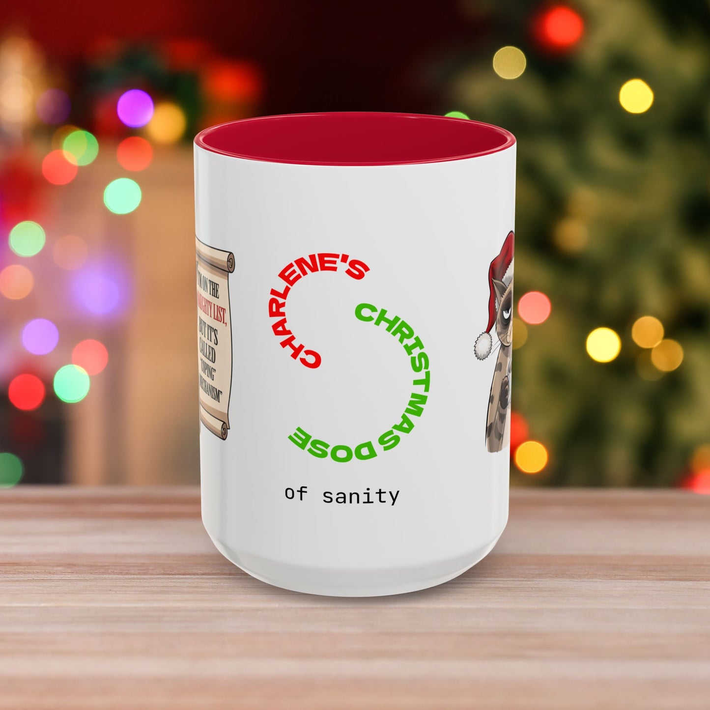 I'm On The Naughty List, But It's Called 'Coping Mechanism' - Christmas Mug with Cat Design and Accent Color