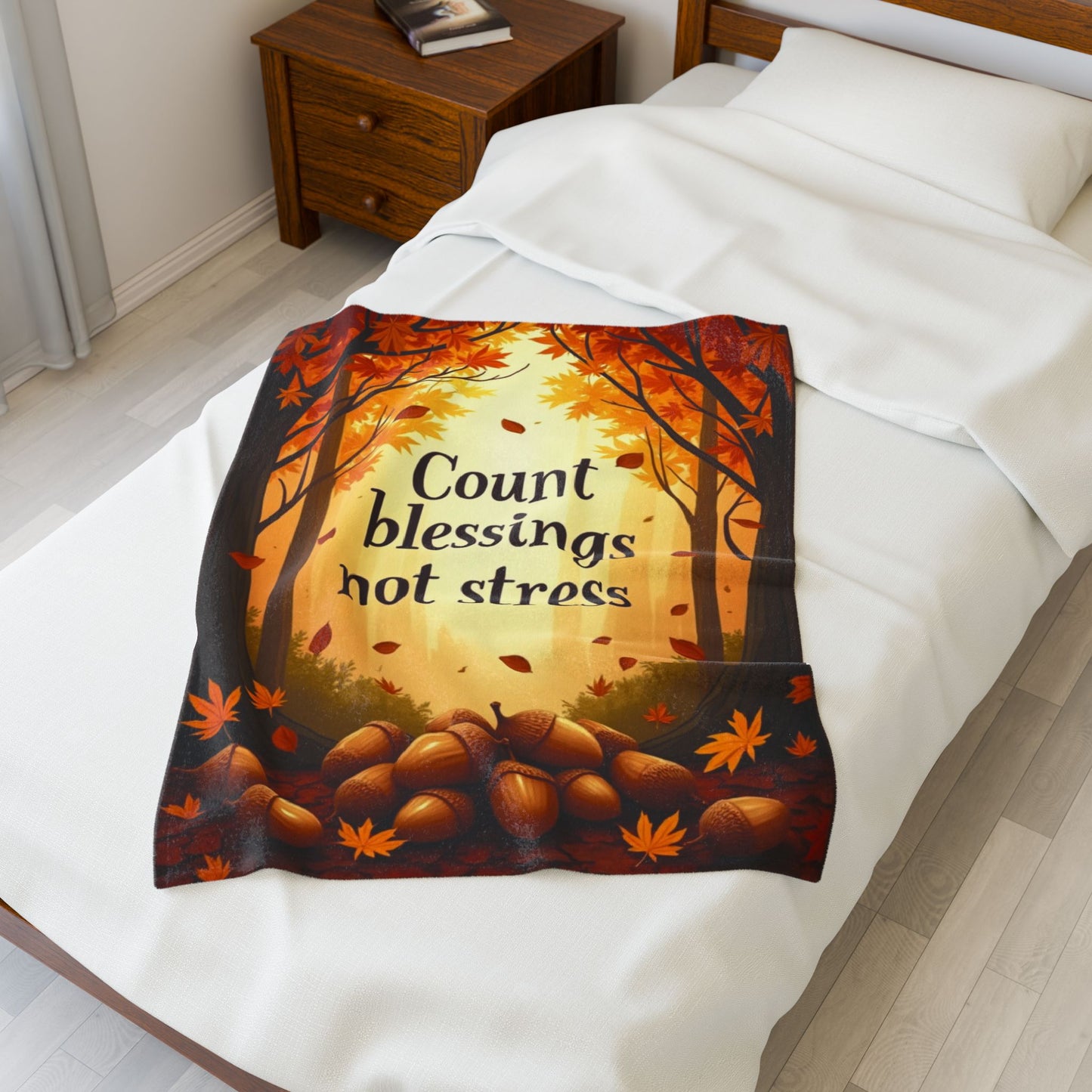 Autumn blanket with “Count Blessings, Not Stress,” gratitude-inspired mindfulness design for Thanksgiving.