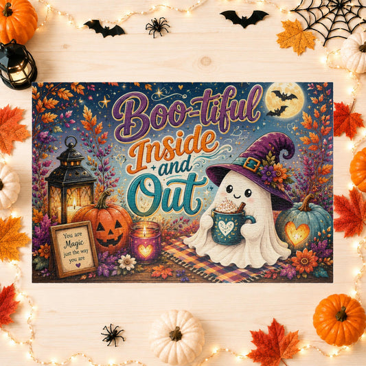 Boo-tiful Inside and Out Halloween puzzle with ghost, heart mug, lantern, and positive affirmation sign