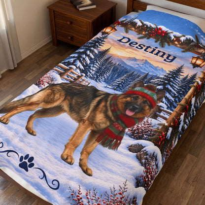 German Shepherd (Gold Sable) - Personalized Lantern-Lit Winter Blanket, Custom Name Velveteen Throw - MySisterIsAsurvor