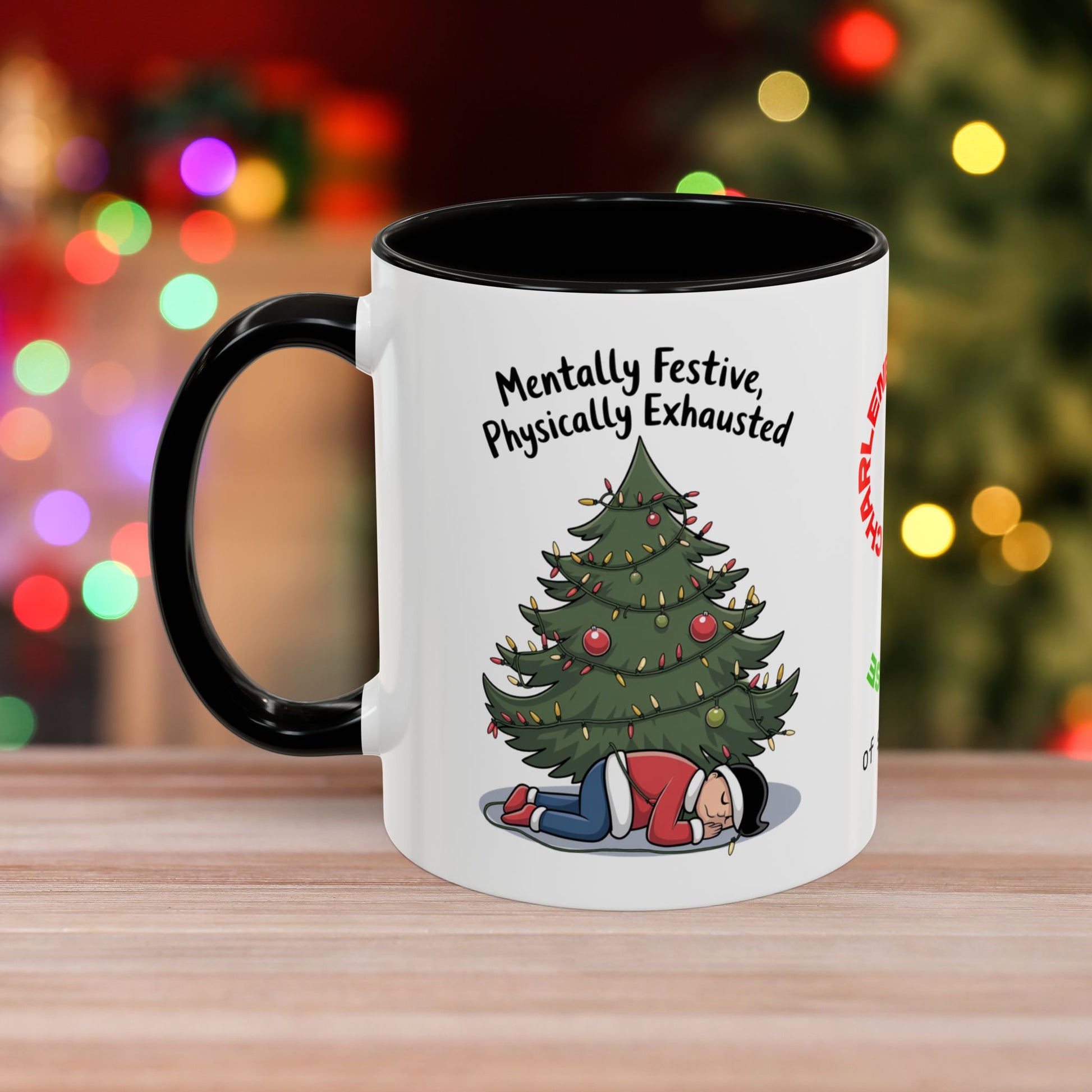 Mentally Festive, Physically Exhausted - Christmas Mug with Colorful Design and Accent Color