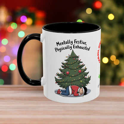 Mentally Festive, Physically Exhausted - Christmas Mug with Colorful Design and Accent Color