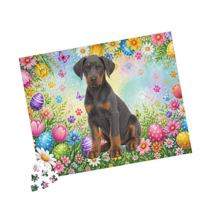 Doberman (Blue & Rust) Easter Puppy Puzzle - Spring Garden with Eggs, Tulips, and Daisies