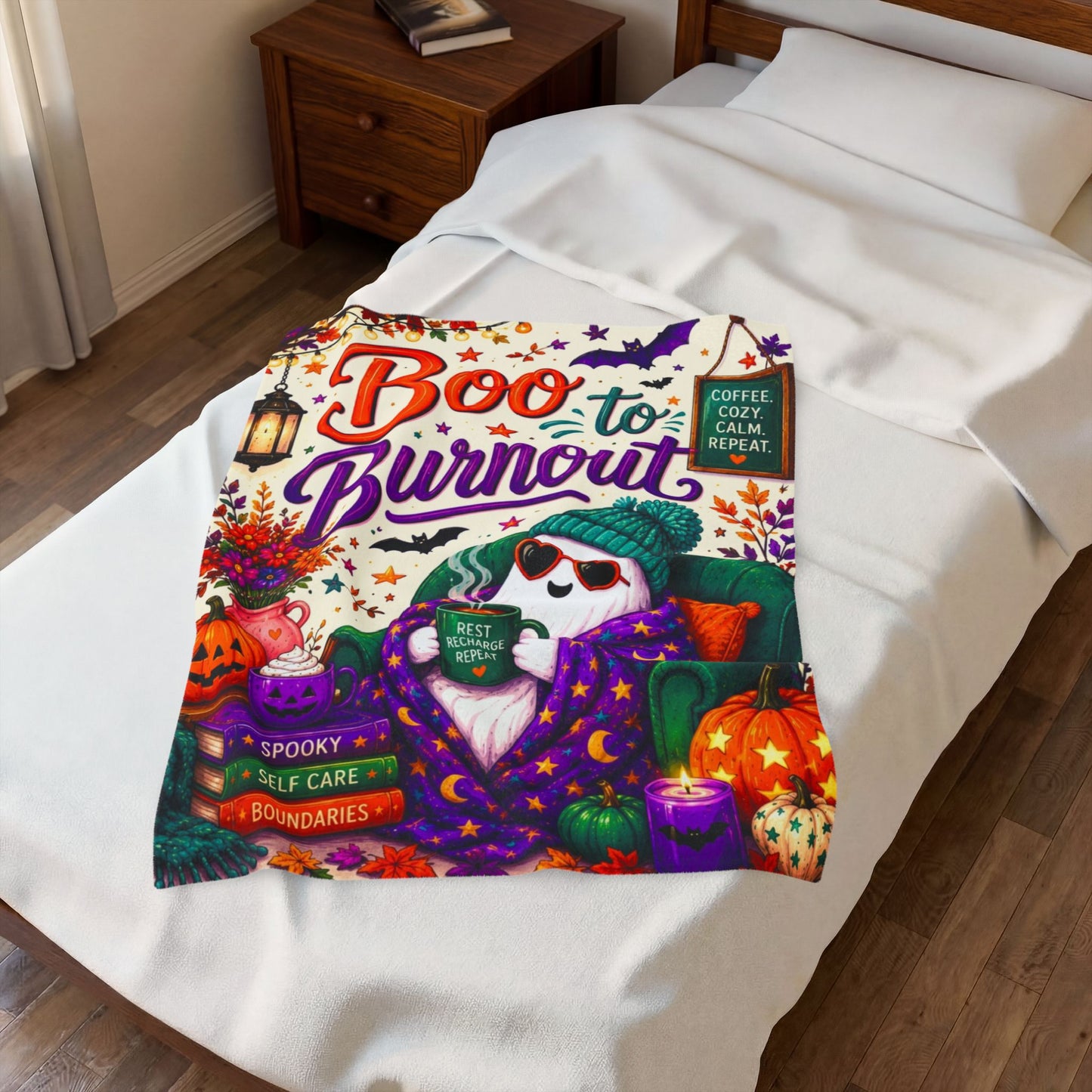 Boo to Burnout Velveteen Blanket - Ghost with Rest Recharge Repeat Mug and Self Care Boundaries Books
