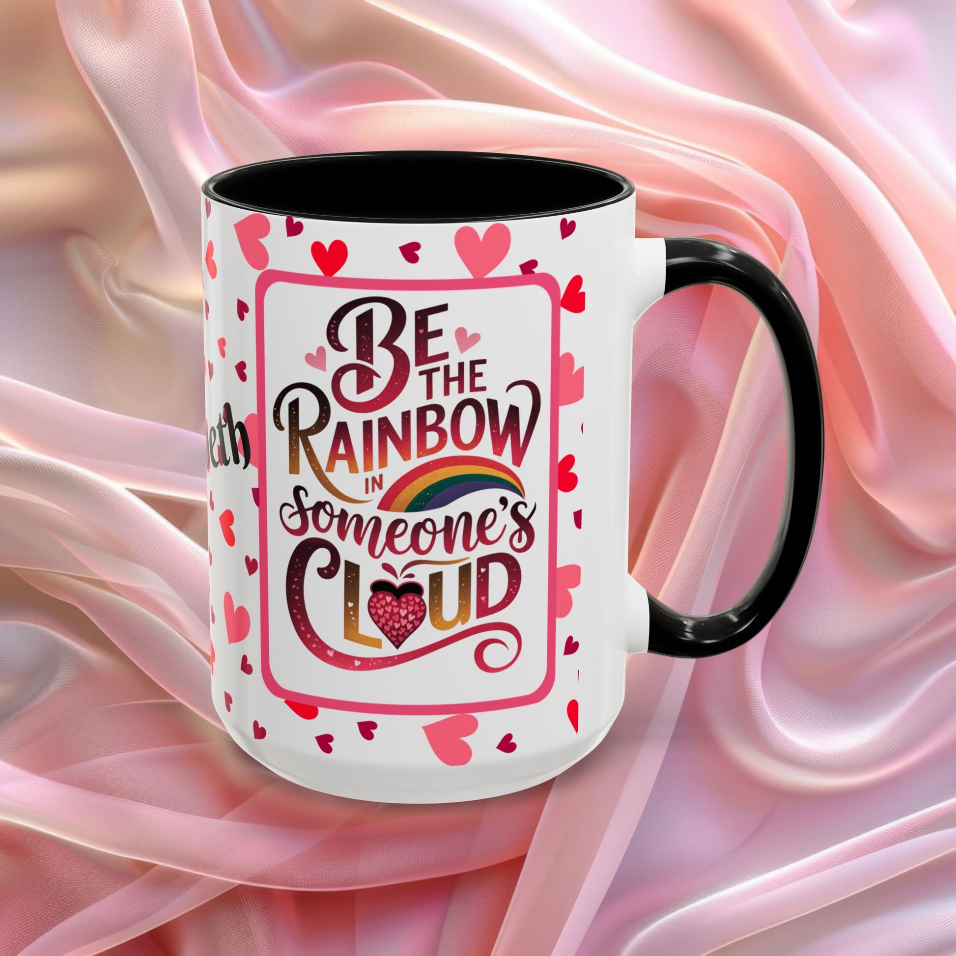 Be The Rainbow Valentines affirmation mug with uplifting message, colorful Valentine themed ceramic coffee cup