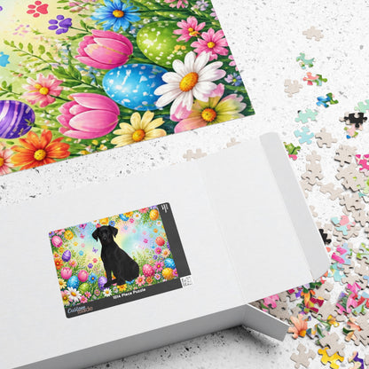 Doberman (Black) Easter Puppy Puzzle - Spring Flowers, Easter Eggs, and Butterflies