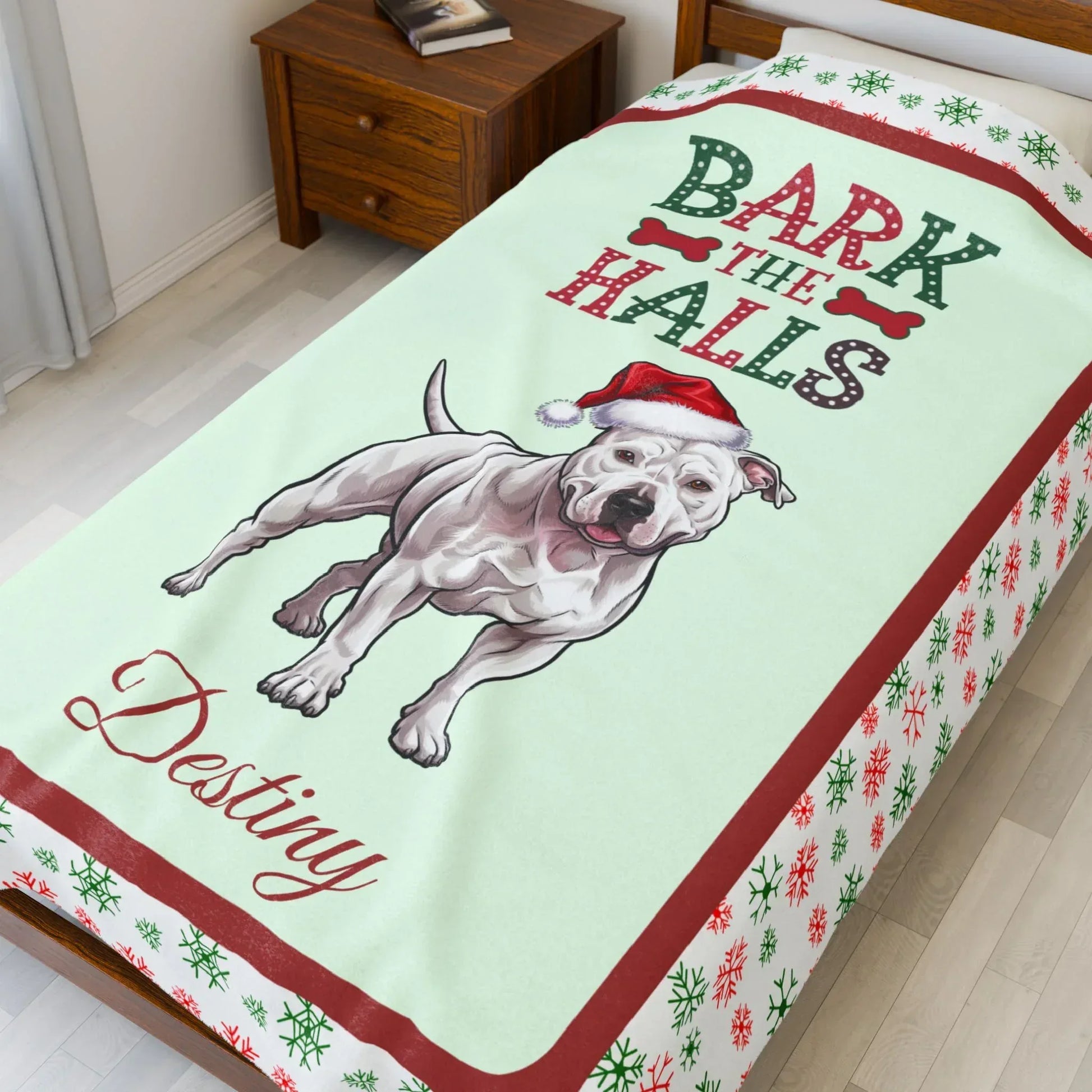 Shop our pitbull white personalized velveteen plush blanket bark the halls featuring the 60" × 80" style option from MySisterIsASurvivor.