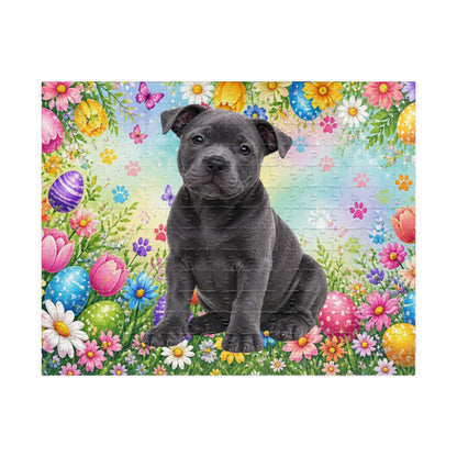 Pitbull (Blue) Easter Puppy Puzzle - Spring Garden with Eggs, Tulips, and Daisies