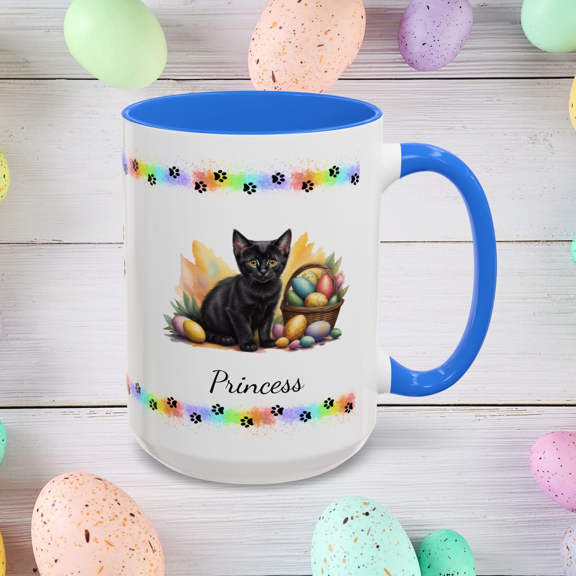 Bombay: Personalized Easter Kitten Coffee Mug - Adorable Cat Design, Mental Health Gift, 11oz & 15oz, 12 Color Choices, Easter Gifts & Décor