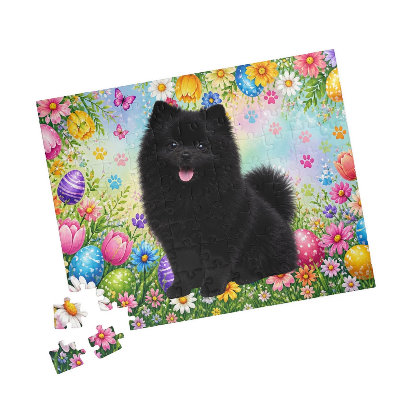 Pomeranian (Black) Easter Puppy Puzzle - Spring Garden with Eggs, Tulips, and Daisies