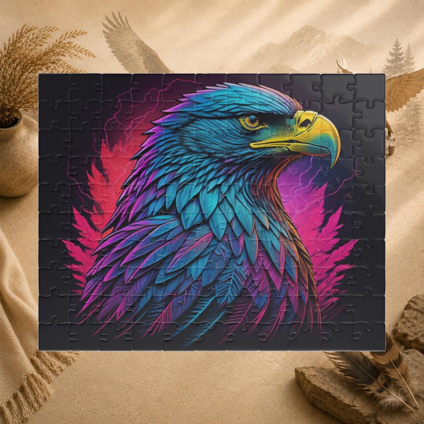 Triumphant Talons - Blacklight Neon Eagle Head Puzzle with Teal and Purple Feathers on Deep Black