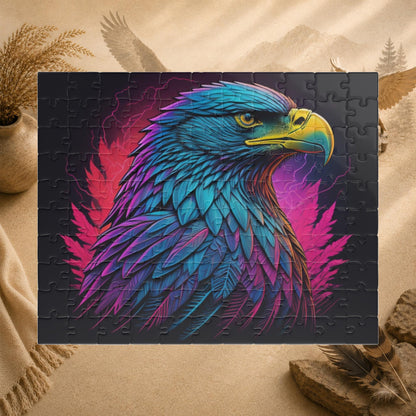 Triumphant Talons - Blacklight Neon Eagle Head Puzzle with Teal and Purple Feathers on Deep Black