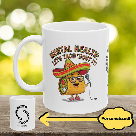 "Mental Health: Let's Taco 'Bout It!" indoor/outdoor pillow, mental health support cushion for anxiety relief and self-care.