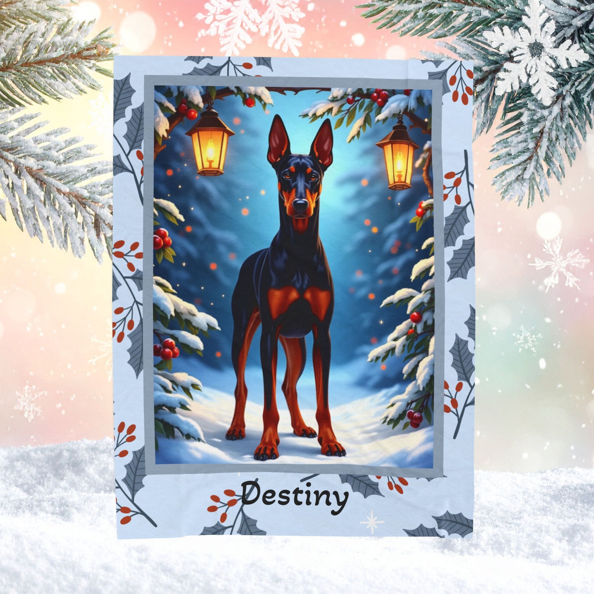 Doberman Black and Rust custom winter blanket featuring a sleek Doberman illustration in a cozy lodge-style winter scene