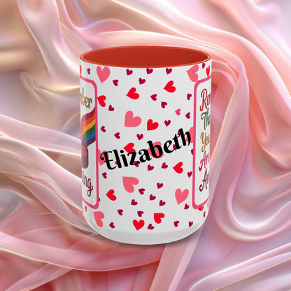 Remember That You Are Amazing Valentines mug featuring confidence boosting message, Valentine coffee cup