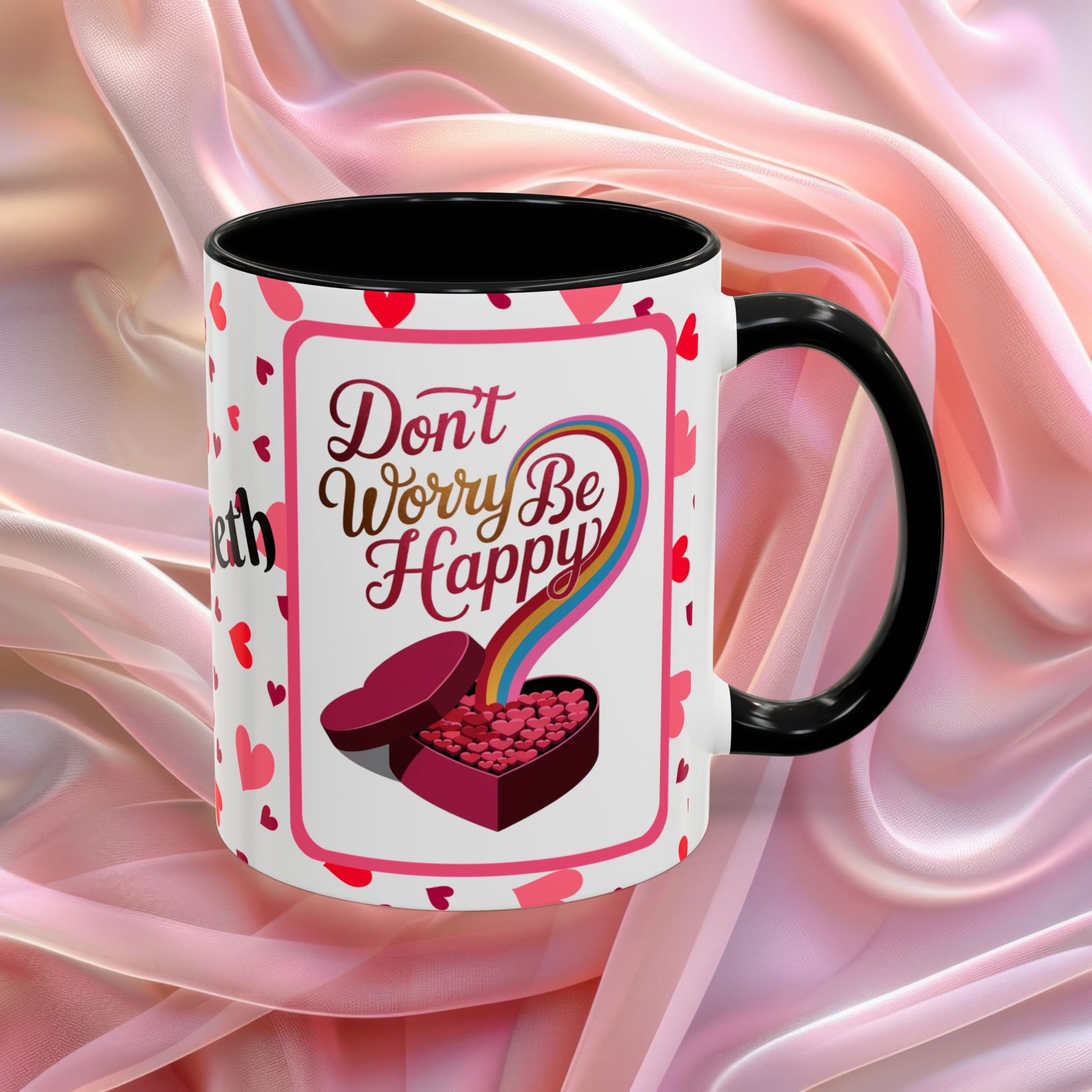 Dont Worry Be Happy Valentines mug with positive affirmation, cheerful Valentine coffee cup for daily encouragement