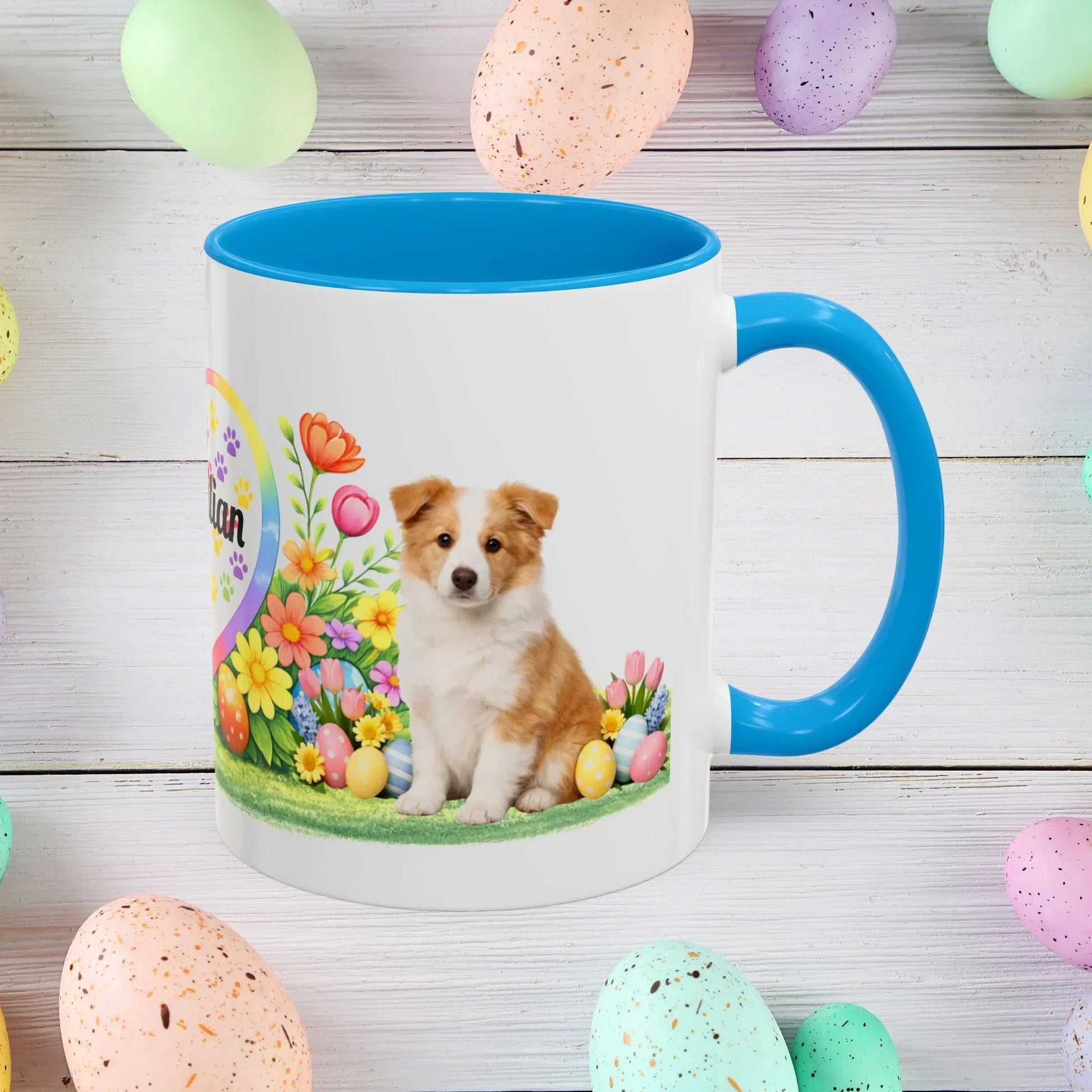 Shop our border collie gold puppy easter mug featuring the 11oz style option from MySisterIsASurvivor.