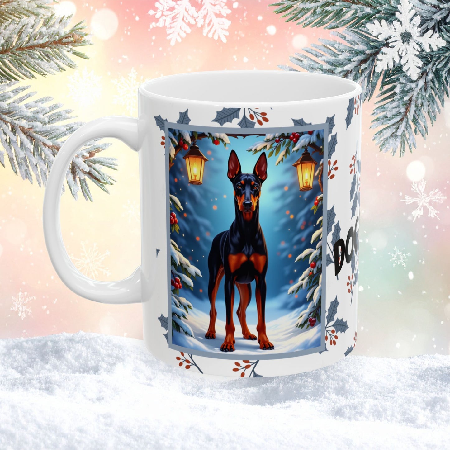 Doberman (Black & Rust) Winter Mug - black and rust Doberman illustrated standing proudly in a snowy winter scene with pine branches