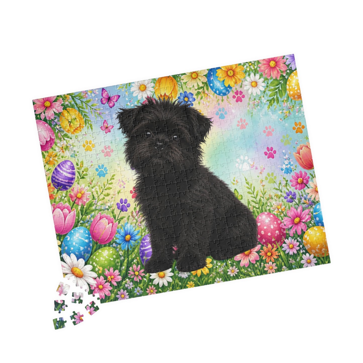 Affenpinscher Easter Puppy Puzzle - Spring Garden with Eggs, Tulips, and Daisies