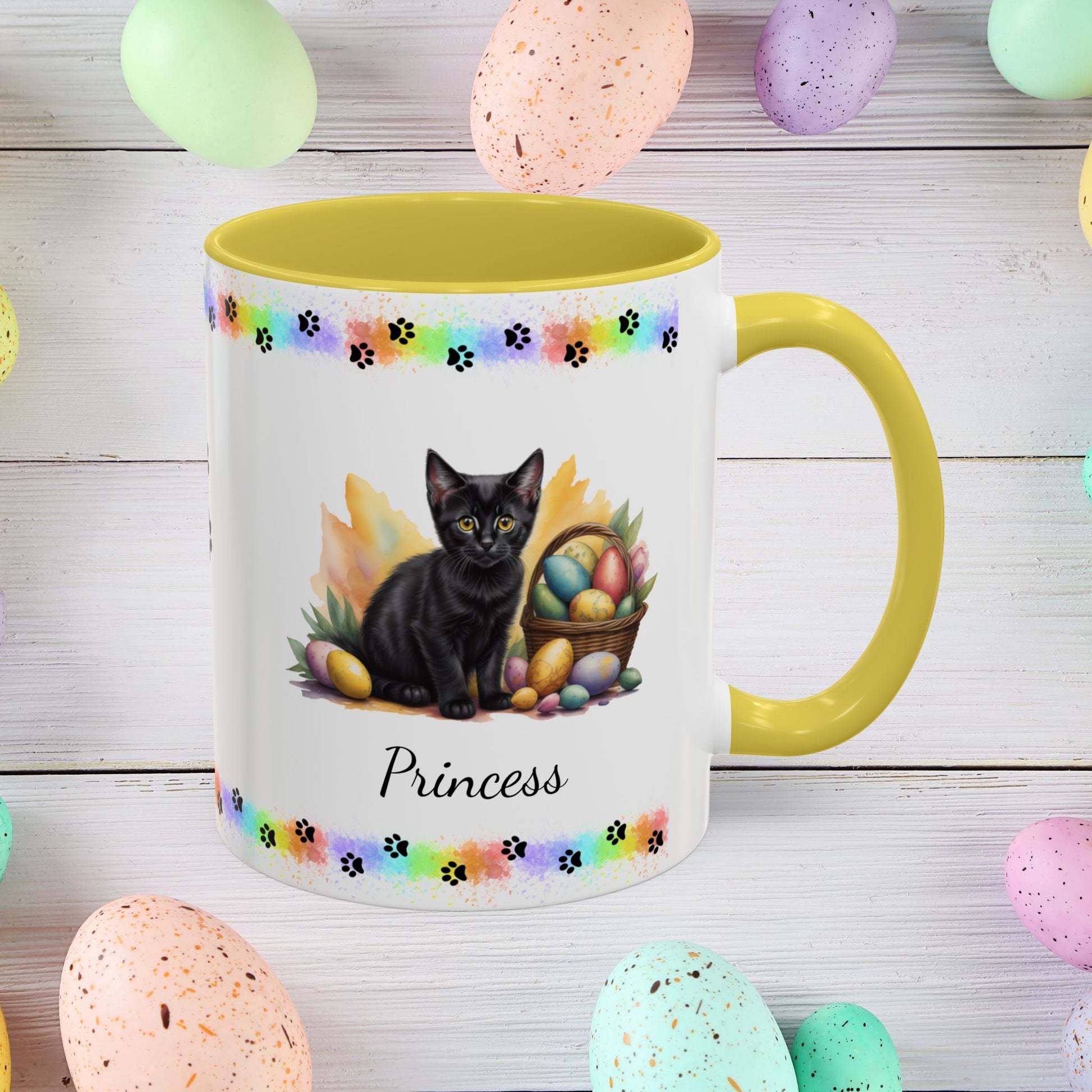 Bombay: Personalized Easter Kitten Coffee Mug - Adorable Cat Design, Mental Health Gift, 11oz & 15oz, 12 Color Choices, Easter Gifts & Décor